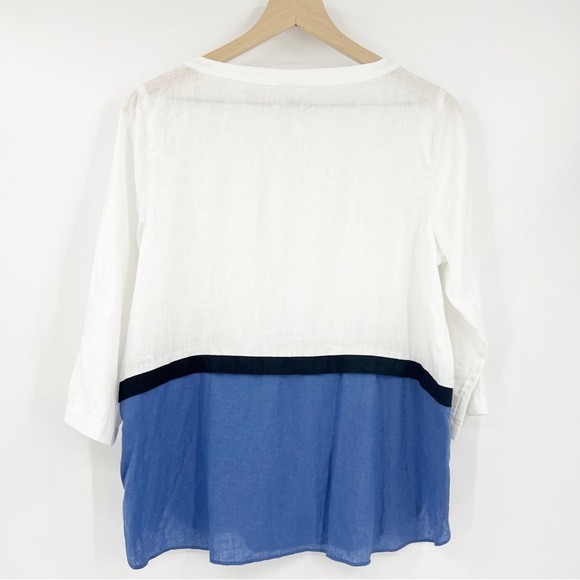 J. Jill Love Linen Colorblock 3/4 Sleeve Tulip Hem Blue White Blouse Size Small - Picture 5 of 5